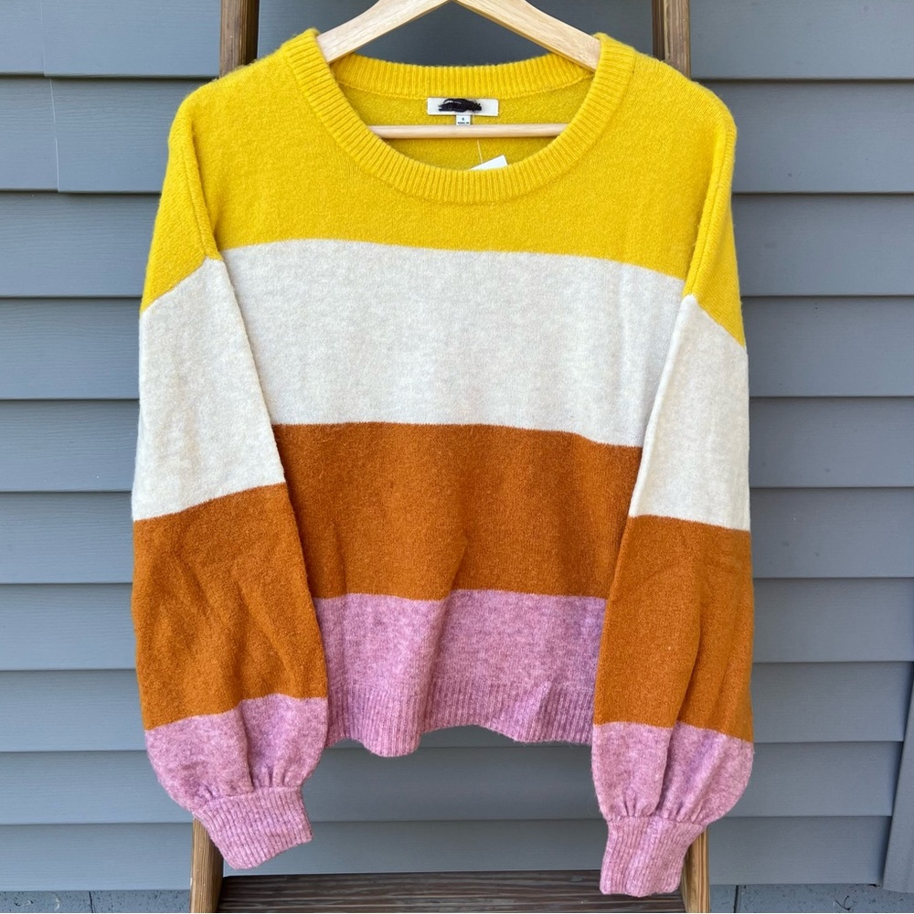 -new- Madewell striped gladwell balloon-sleeve pullover wool blend sweater